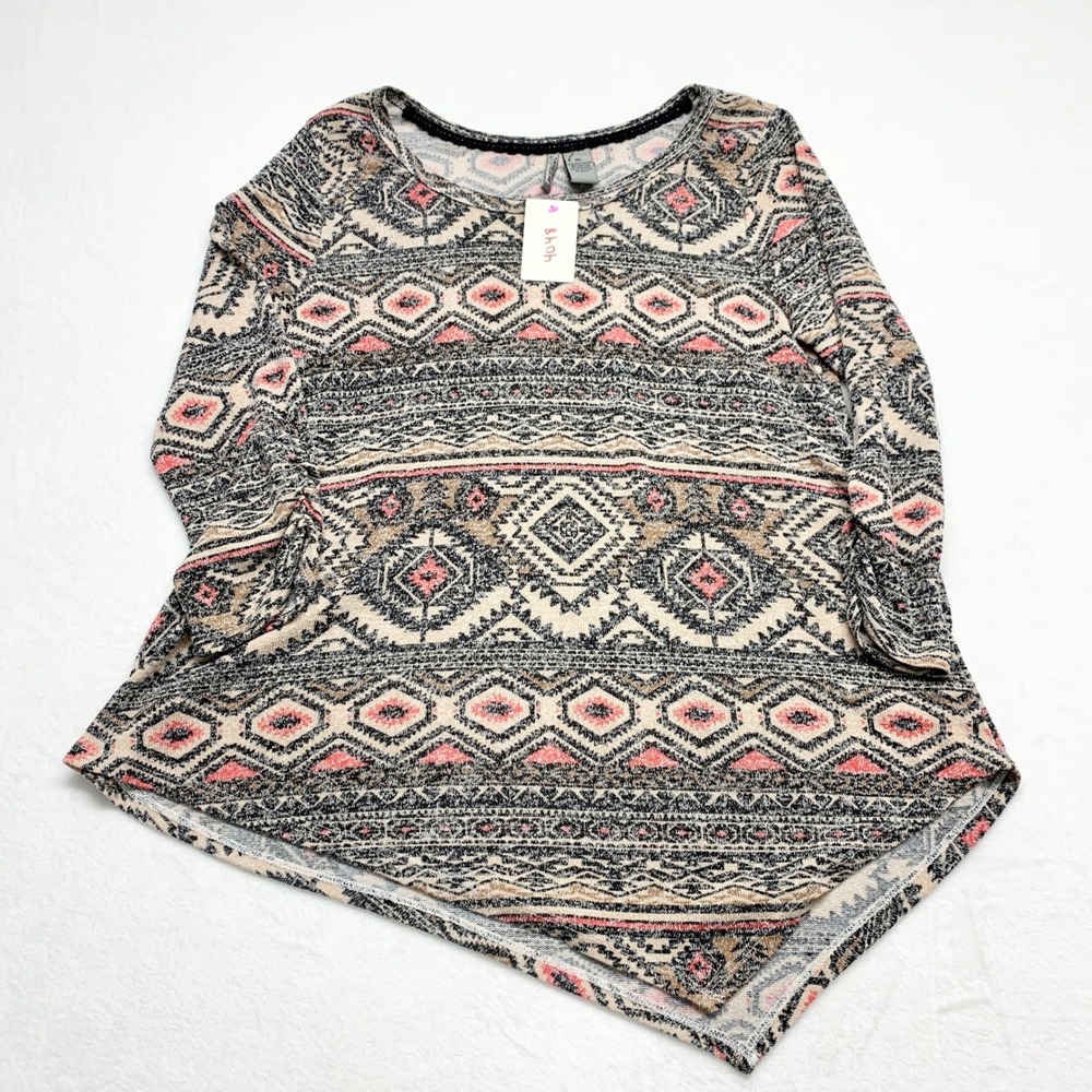 New Direction Weekend Aztec Geometric Top Womens Size XL Pink Boho Knit Shirt